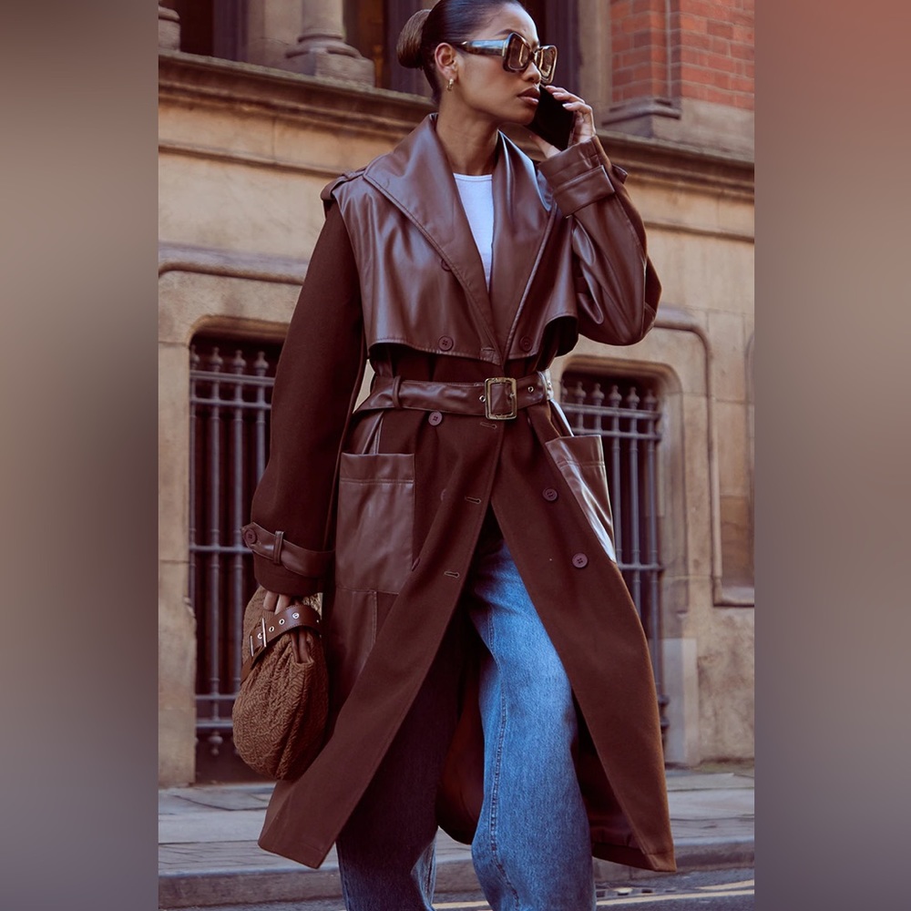 PLT FAUX LEATHER WOOL BLEND COAT